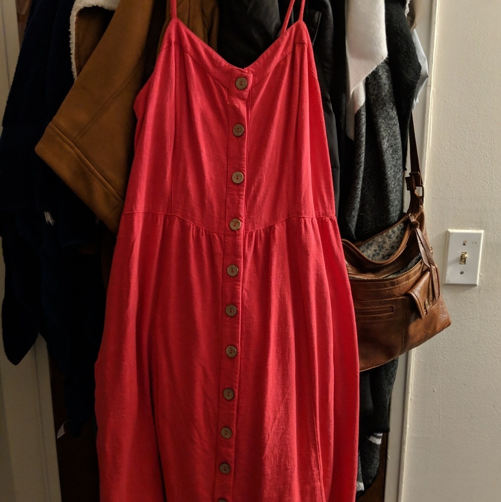 Red Button Down Midi Dress w/ Pockets